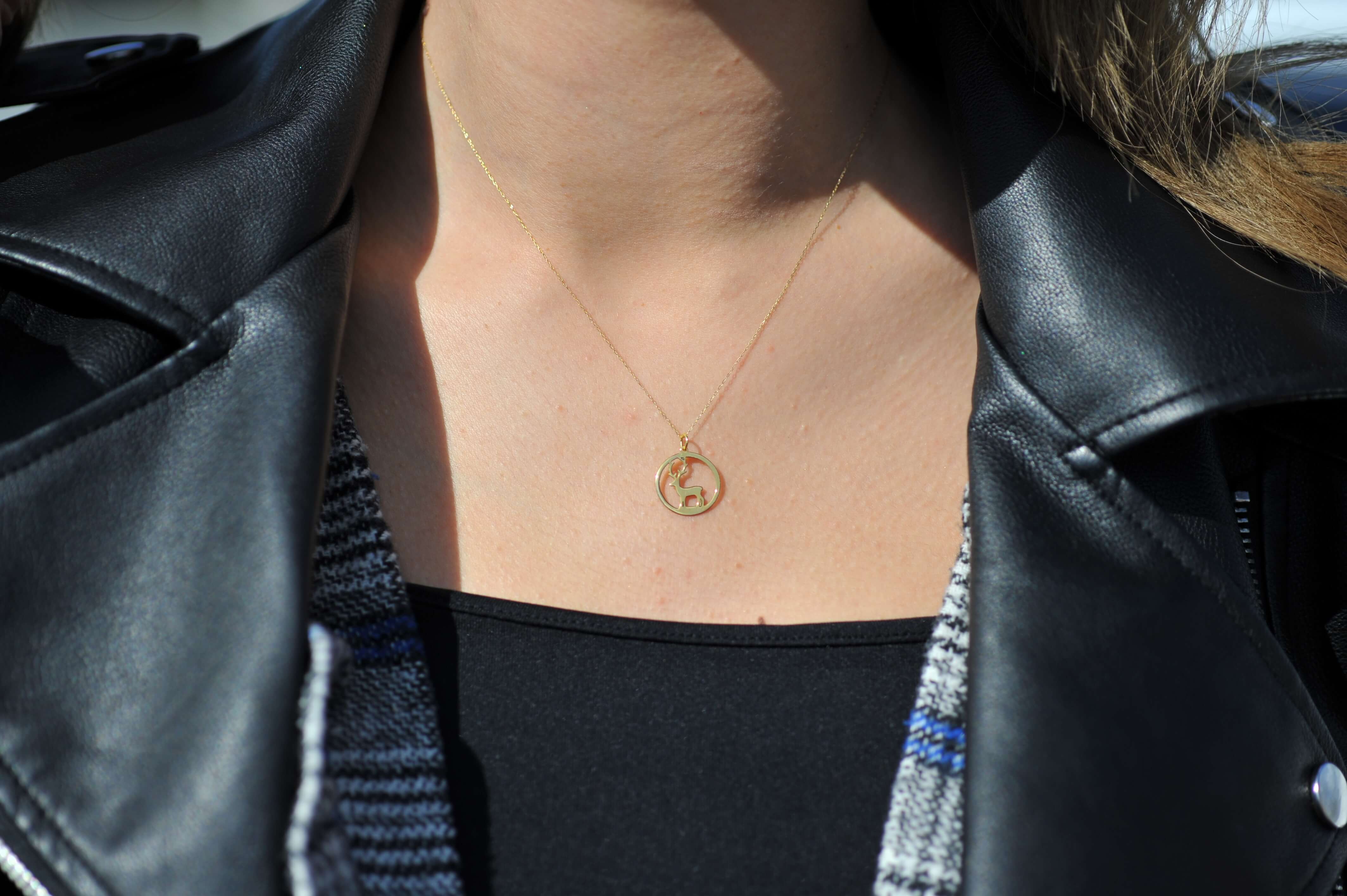 14K Solid Gold Deer Necklace